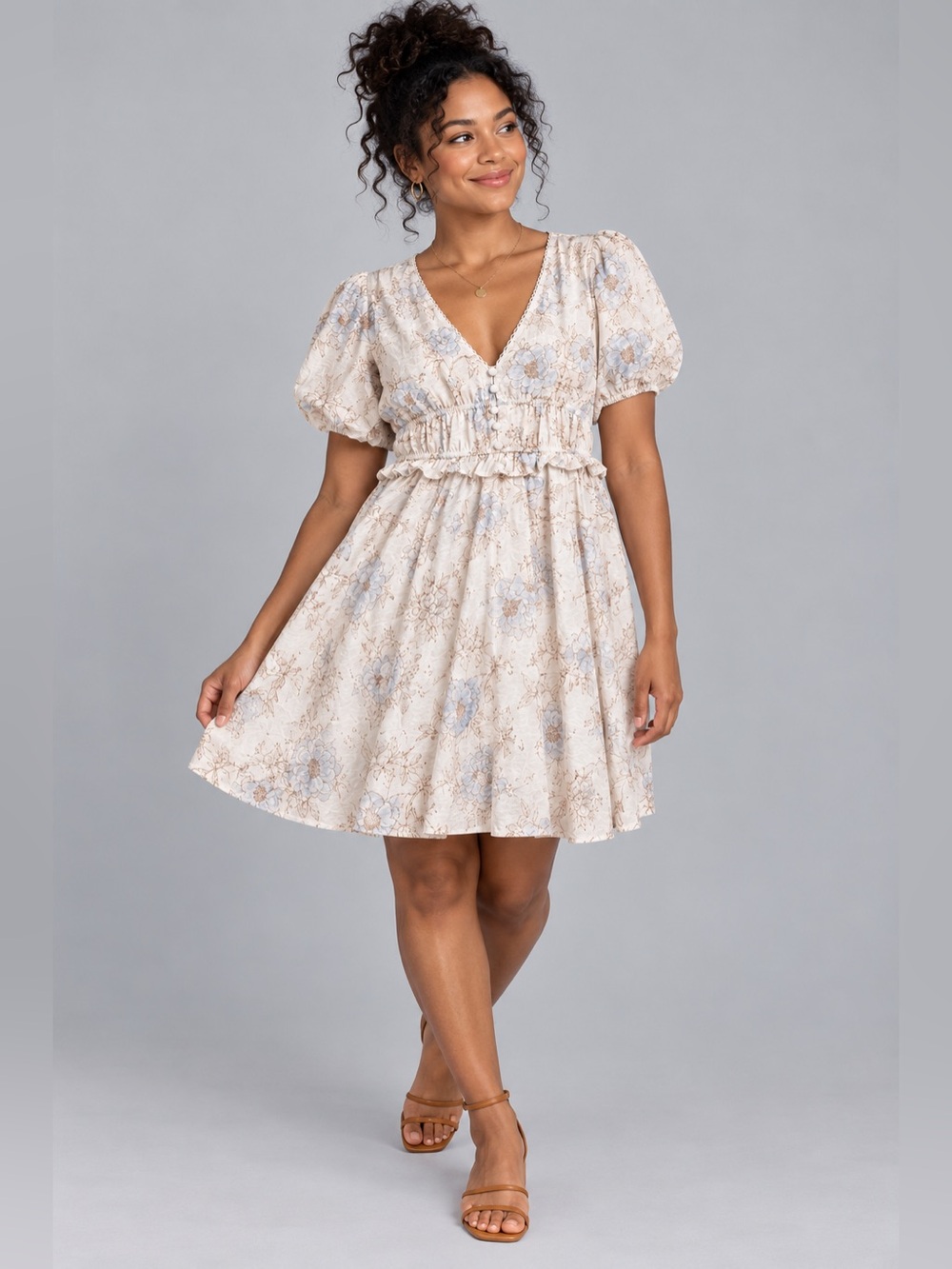 Blu Pepper Floral Puff Sleeve Dress M Cream V Neck Ruffle Cottagecore